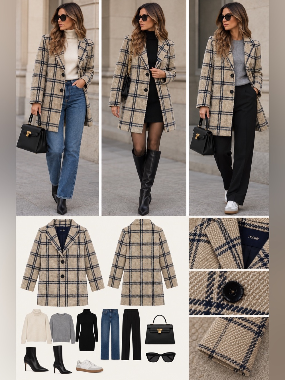 Maje Beige Checked Trench Coat with Navy Windowpane